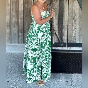 Green and White Strapless Maxi Dress